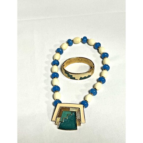 Trifari Aztec Geometric Necklace & Bracelet Set Gold Turquoise Blue Cream Enamel - Picture 1 of 7